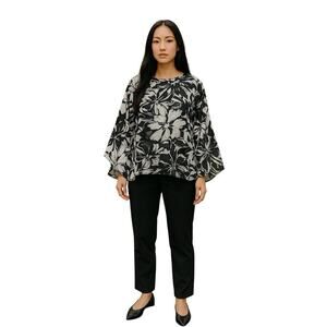 Chico’s Sheer Black White Floral Print Poncho Blouse – Size 3 (XL/16)